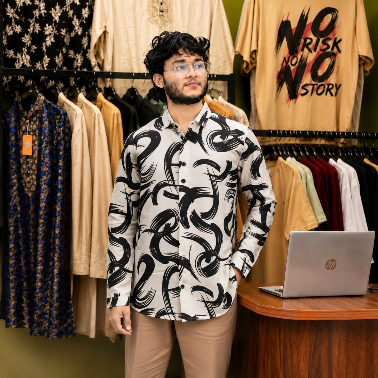 Premium Abstract Printed Full Sleeve Casual Shirt – White & Black