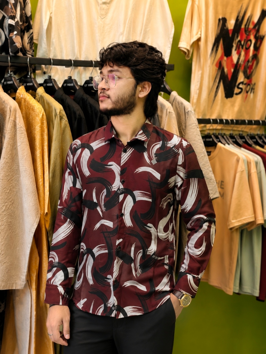 Premium Abstract Printed Full Sleeve Casual Shirt – Maroon
