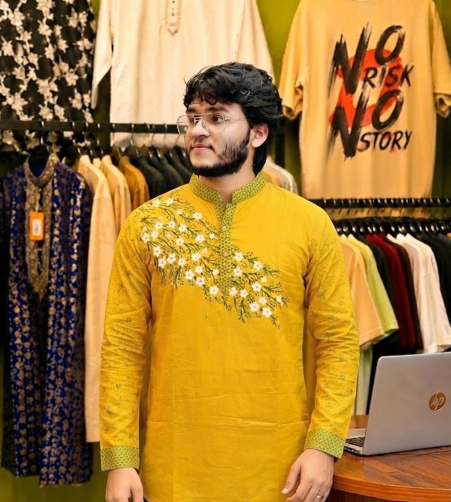 পুরুষদের হলুদ ফ্লোরাল এমব্রয়ডারি পাঞ্জাবি
